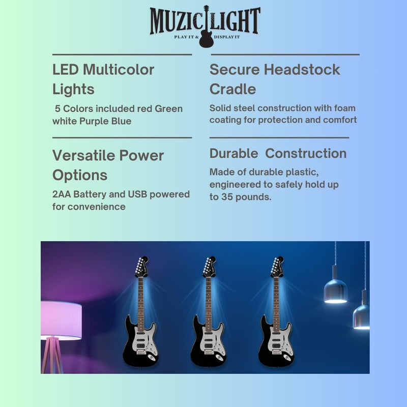 MuzicLight Light Up Wide Neck Guitar Wall Mount Bracket or Holder for Electric Guitars, 7 String Bass, or Concert Acoustic Guitars Using LED for Guitar Display with Ambient Surround Lighting - Image 3